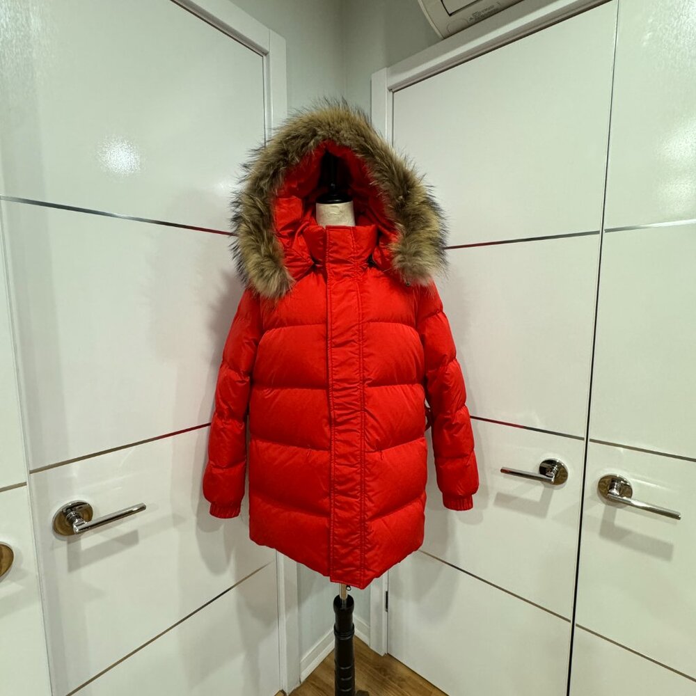 Women's Red puffer Jacket with Fur Hood - Picture 2 of 16